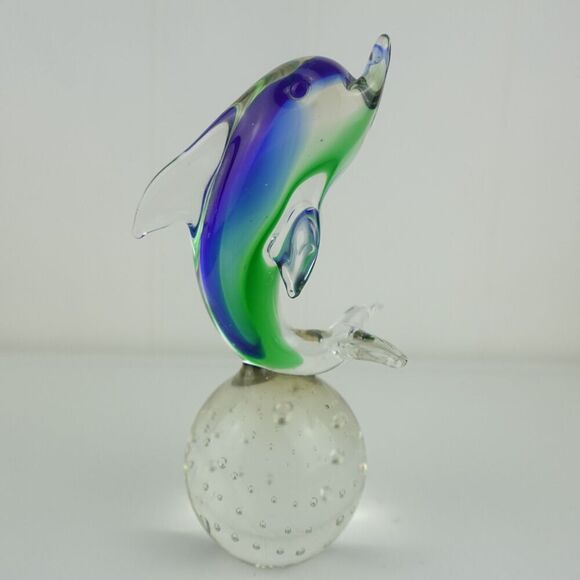 Art Glass Dolphin On Ball Figurine Blue & Green - Picture 1 of 9